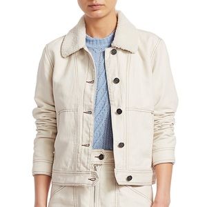 ❤️ Joie Lev Shearling Collar Denim Jacket Cotton Linen Aged White